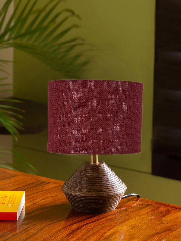 Elegant Maroon Jute Table Lamp with Wood Natural Base | 7 x 12 inches Online now