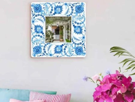 Blue Blooms Printed Square Shaped MDF Wall Mirror | Blue For Cheap