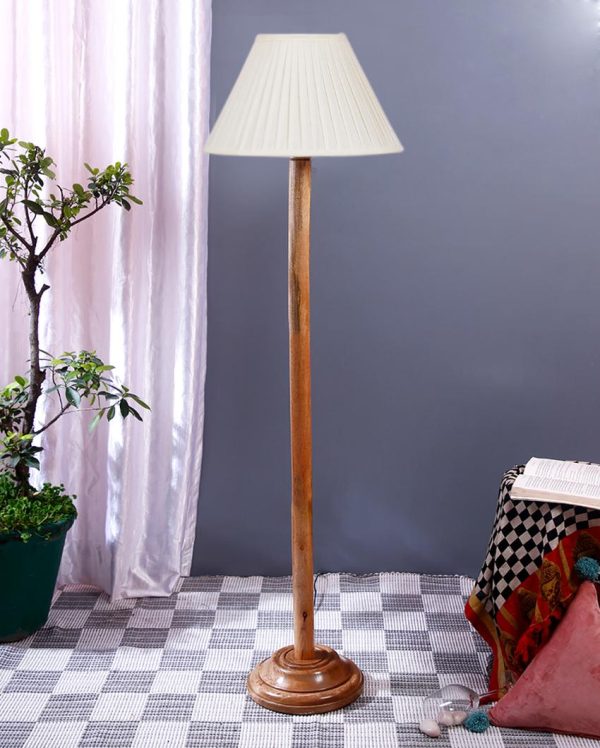 Off White Knife Pleated Cotton Shade Floor Lamp with Wooden Base | 12 x 57 Inches For Cheap