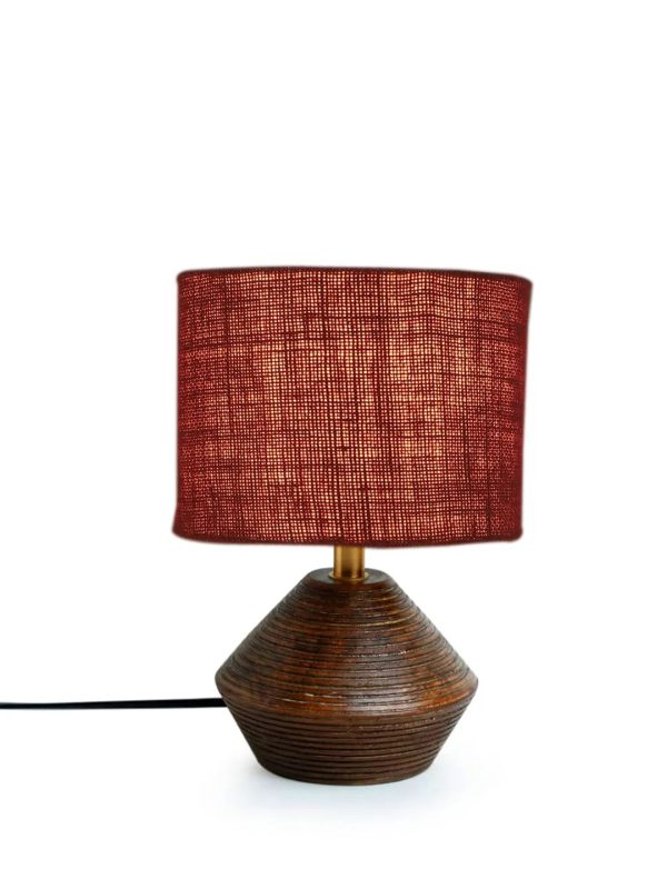 Elegant Maroon Jute Table Lamp with Wood Natural Base | 7 x 12 inches Online now