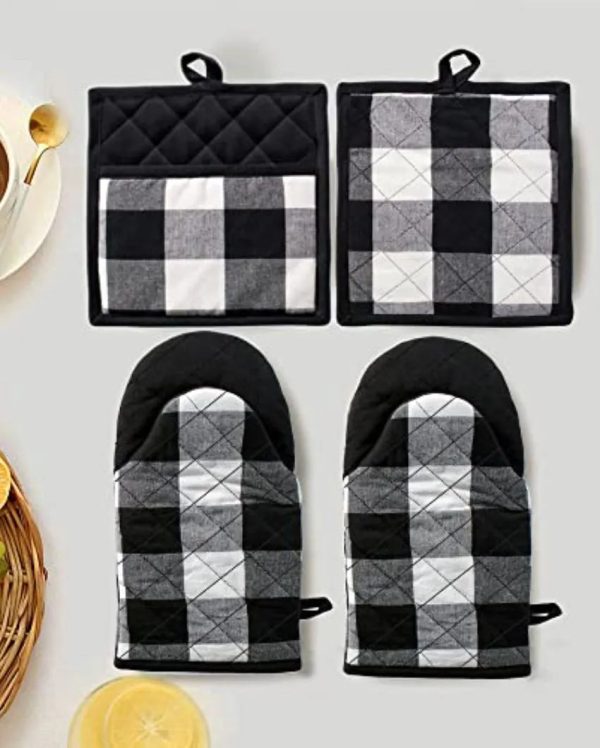 Buffalo Check Oven Cotton 2 Mittens With 2 Pot Holders For Discount