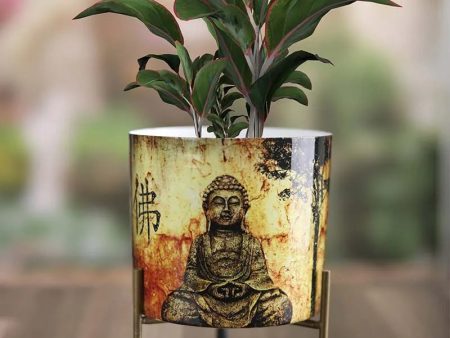 Buddha Design Cylindrical Meena Metal Pot with Stand Hot on Sale