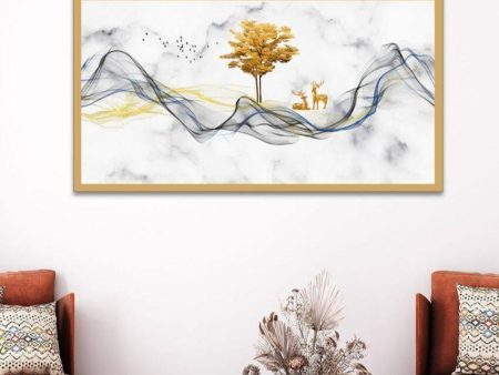 Beautiful Golden Tree & Deer Canvas Wall Art With Acrylic Frame Cheap