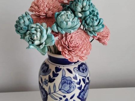 Blue Pink Sholapith DIY Flower Bunch | Vase Not Included | 16 Flower Heads Supply