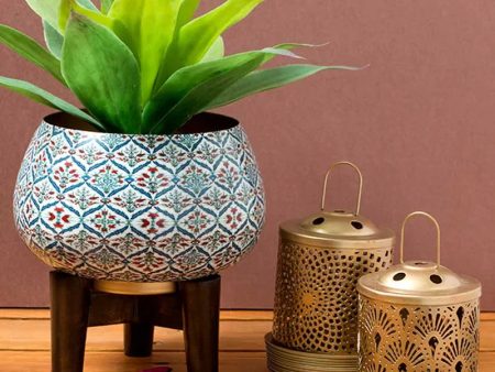 Anatolian Decorative Tulip Print Planter with Wooden Stand | Plant Not Included For Sale