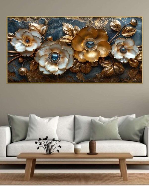 Elegant 3D Art Golden Floral Canvas Wall Painting Supply