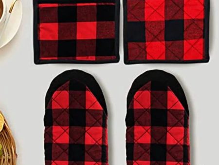 Buffalo Check Oven Cotton 2 Mittens With 2 Pot Holders For Discount