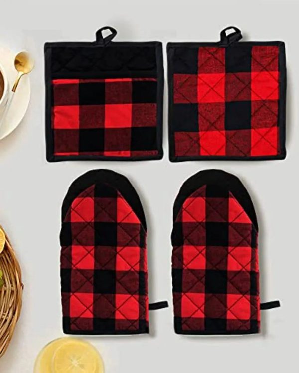 Buffalo Check Oven Cotton 2 Mittens With 2 Pot Holders For Discount