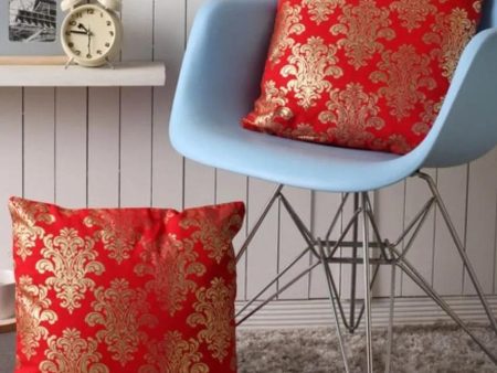 Red Foil Printed Cotton Cushion Cover | Set of 2 | 16 x 16 inches For Sale