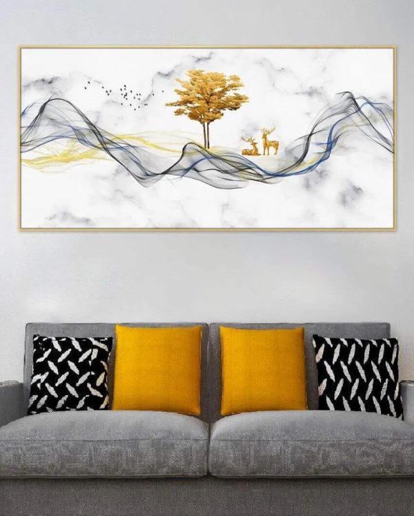 Beautiful Golden Tree & Deer Canvas Wall Art With Acrylic Frame Cheap