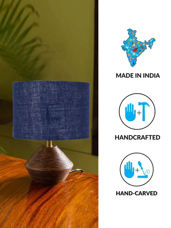 Chic Blue Jute Table Lamp with Wood Natural Base | 7 x 12 inches Sale