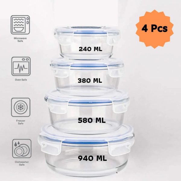 Borosilicate Glass Round Food Storage Container with Air Vent Lid | Pack of 4 Online now