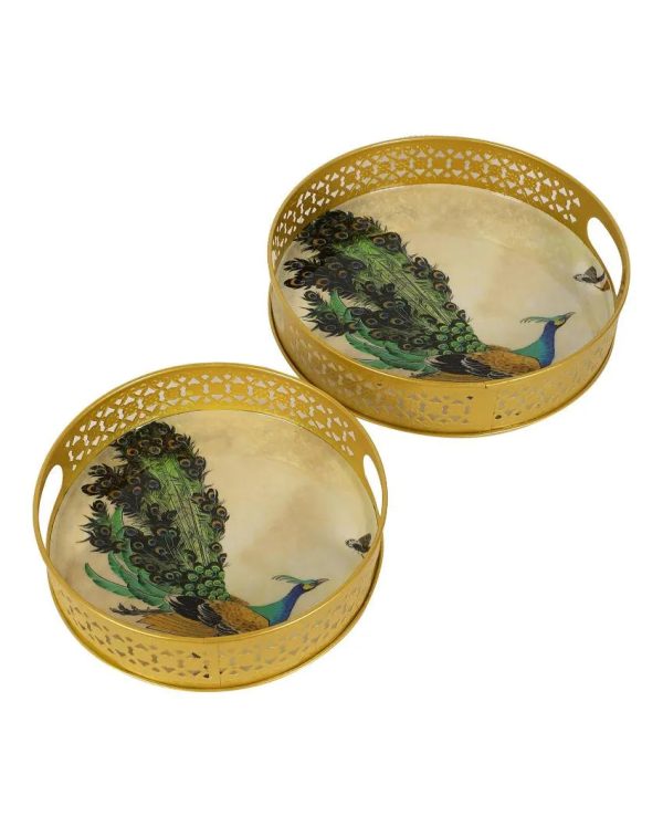 Green Peacock Metal Trays | Gold  | Set of 2 | 8 inches, 10 inches Online Hot Sale