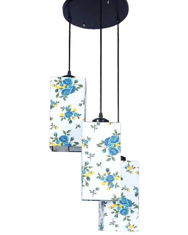 Blue Floral Print Square Cotton Cluster Hanging Lamp Online now