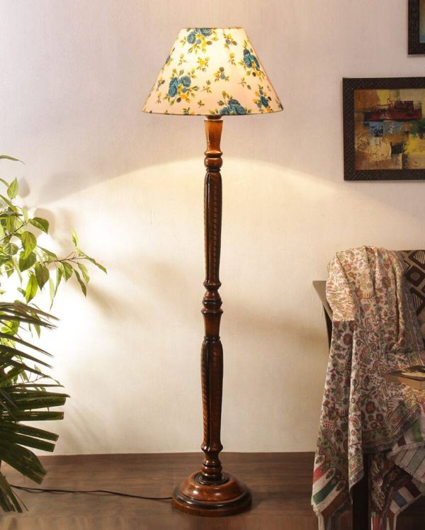 Florals Cotton Conical Wooden Floor Lamp | 14 X 56 inches For Discount