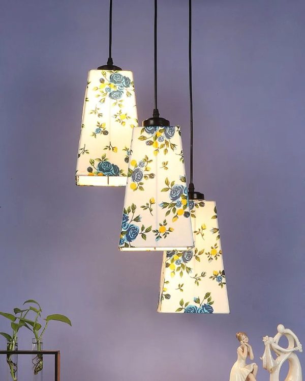 Blue Floral Print Pyramid Cotton Cluster Hanging Lamp For Discount