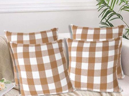 Big Checks Beige Cotton Square Cushion Covers | Set Of 4 | 18 x 18 inches , 20 x 20 inches on Sale