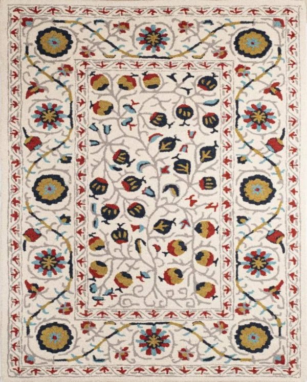 Artistic Suzani Hand Tufted Wool Carpet Unique Design| Ivory | 5 x 8 Feet Hot on Sale