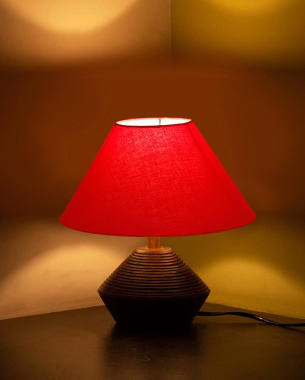 Red Cotton Table Lamp with Wood Natural Base | 10x12 inches Hot on Sale