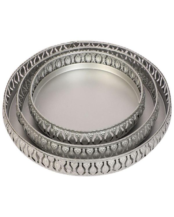 Round Etching Silver Iron Trays | Silver | Set Of 3 Hot on Sale