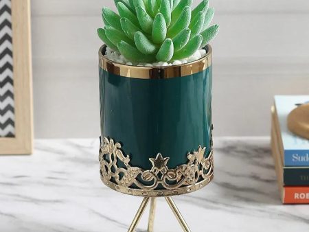 Rustic Succulents Artificial Plant with Ceramic Pot & Metal Tripod Stand | 9 inches Hot on Sale