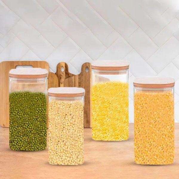 Glass Bamboo Lid Air Tight Jar | 1L | Set of 4 Sale