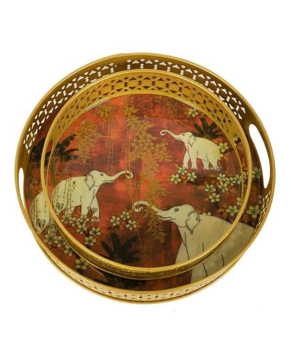 White Elephant Metal Trays | Gold | Set of 2 | 8 inches, 10 inches For Sale