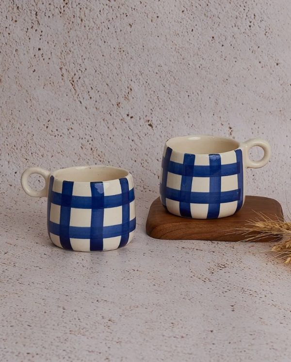 Blue Big Ghingham Checkered Mugs  | 450ml | Set Of 2 Online now