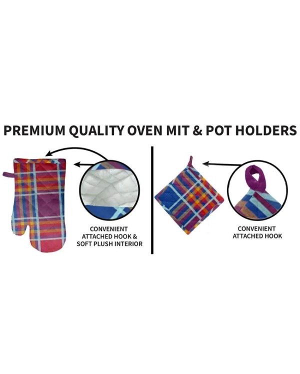 Solid Checks Cotton Oven Mitten & Pot Holders Set on Sale