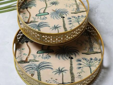 White & Green Tree Metal Trays  | Gold| Set of 2 | 8 inches, 10 inches For Discount