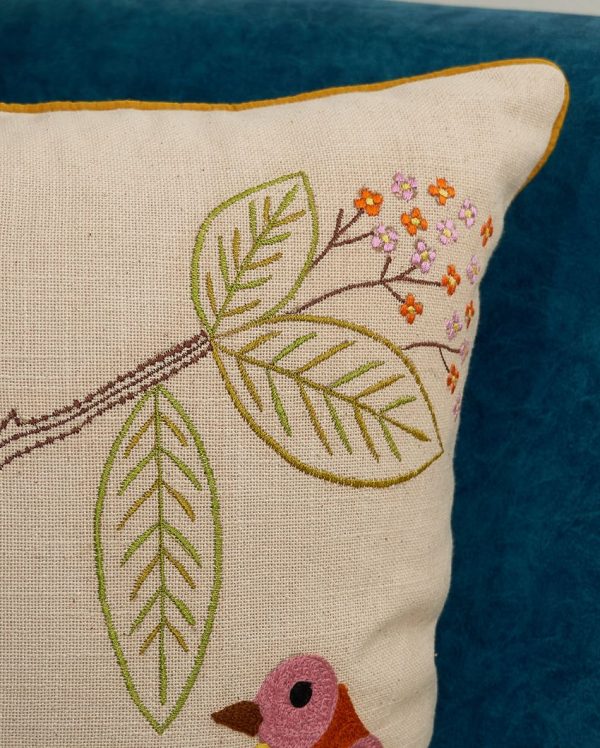 Birds on a Branch Embroidered Cotton Cushion Cover | 16 x 16 inches Sale