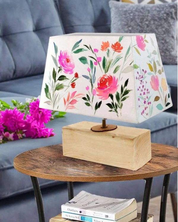 Rectangle Shaped Floral Bliss Cotton Shaded Table Lamp For Sale