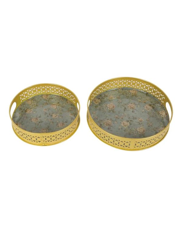 Green Pink Flower Metal Trays| Gold | Set of 2 | 8 inches, 10 inches Hot on Sale