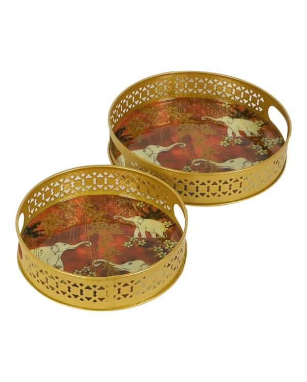 White Elephant Metal Trays | Gold | Set of 2 | 8 inches, 10 inches For Sale