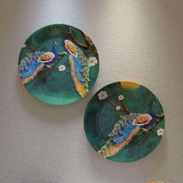 Beautiful Peacock Scenery Ceramic Wall Hanging Plates | Set of 2 Fashion