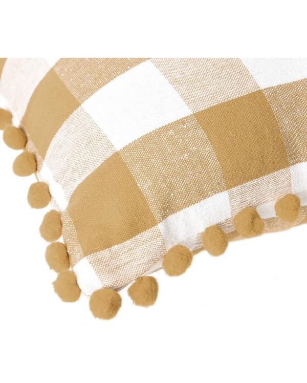 Beige Pom Pom Checks Cotton Cushion Covers | Set of 2 | 16 x 16 inches Online Hot Sale