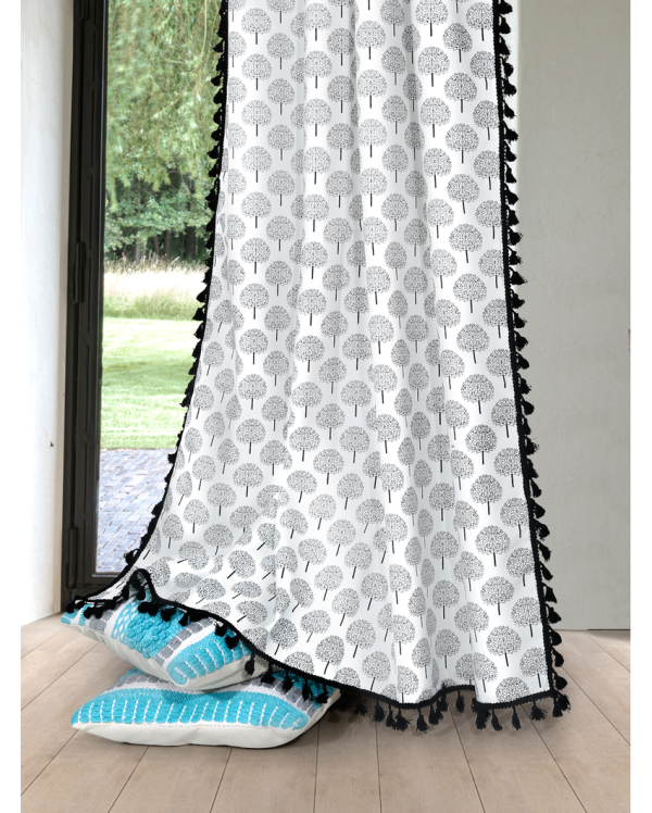 Black and White Cotton Boho Curtains With Stainless Steel Rings | Set of 2 Online