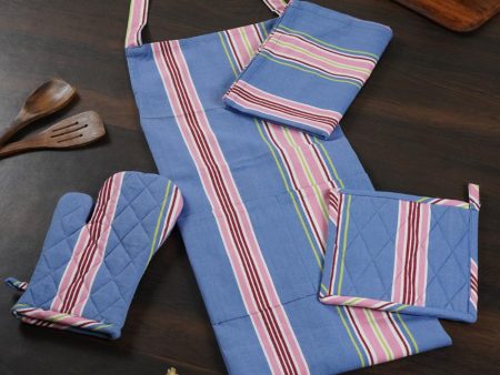 Blue Stiped Cotton Apron with Kitchen Towel, Gloves & Pot Holder For Discount