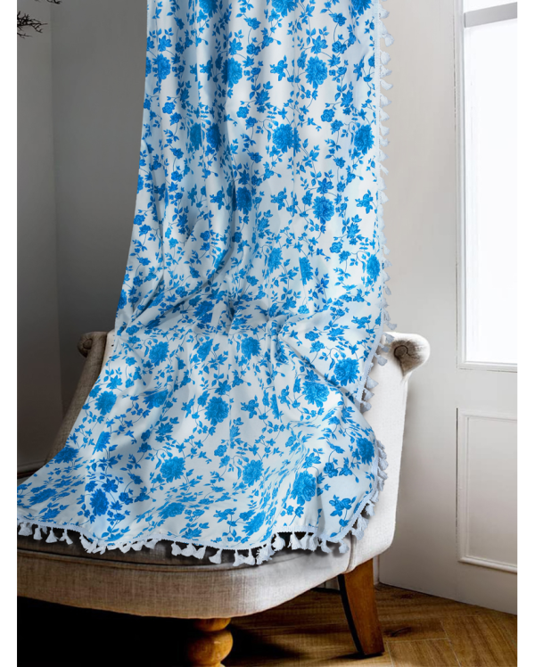 Blue Cotton Boho Curtain With Stainless Steel Rings Fashion