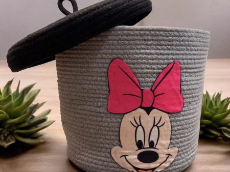 Grey Minnie Face Kids Cotton Basket with Lid | 10 × 10 Inches For Sale