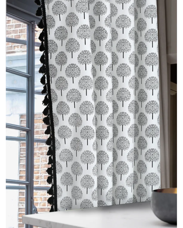 Black and White Cotton Boho Curtains With Stainless Steel Rings | Set of 2 Online