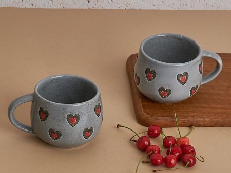 Grey Hearts Ceramic Stoneware Cups With Delicate Heart Design | Set Of 2 Online now