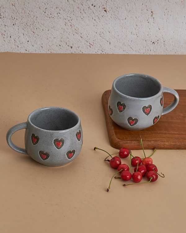 Grey Hearts Ceramic Stoneware Cups With Delicate Heart Design | Set Of 2 Online now