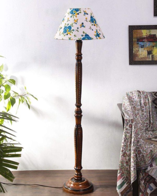 Florals Cotton Conical Wooden Floor Lamp | 14 X 56 inches For Discount