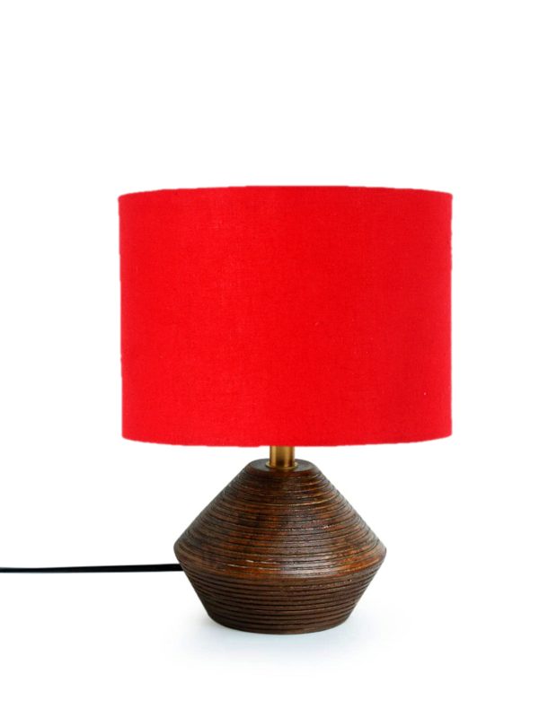 Red Cotton Table Lamp With Wood Natural Base | 7X12 Inches on Sale