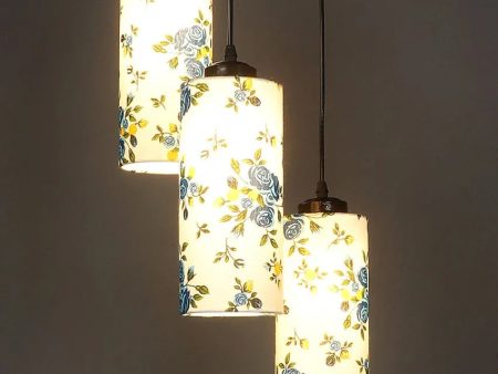 Blue Floral Print Cylindrical Drum Cluster Hanging Lamp Online Hot Sale