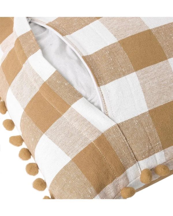 Beige Pom Pom Checks Cotton Cushion Covers | Set of 2 | 16 x 16 inches Online Hot Sale