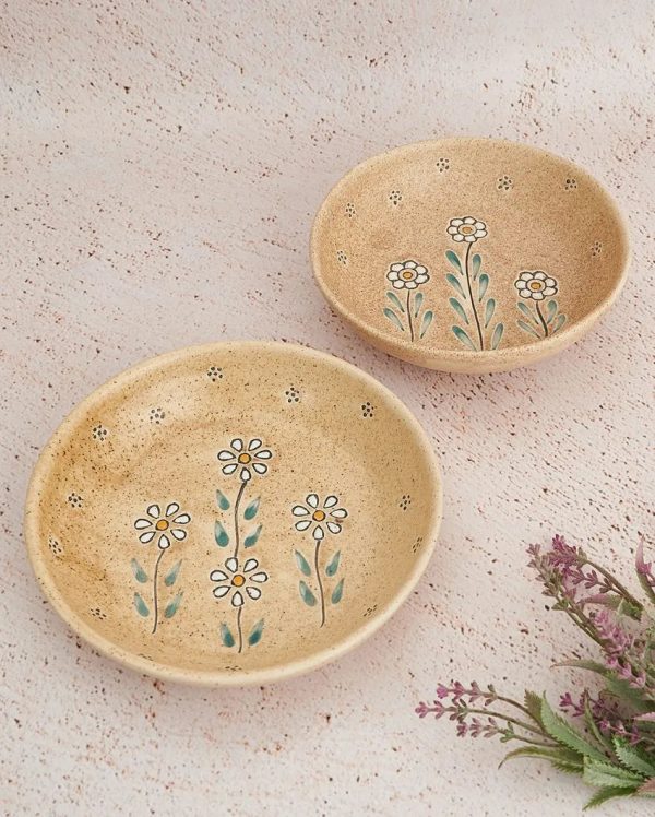 Beige Ceramic Artisan Handpainted Bloom Serving Bowls | Set Of 2 Sale