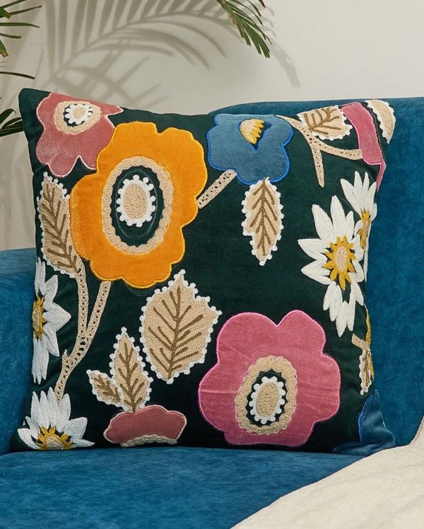 Applique Velvet Cushion Cover With Embroidery | 16 x 16 Inches For Sale