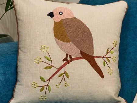 Birdie On A Tree Embroidered Cotton Cushion Cover | 16 x 16 Inches Supply